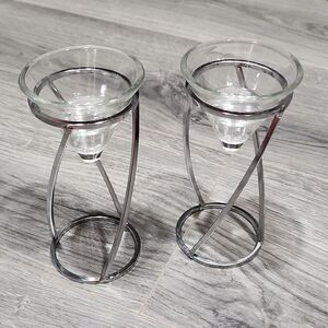 Art Deco Set of 2 Silver & Glass Tealight Candle Holder